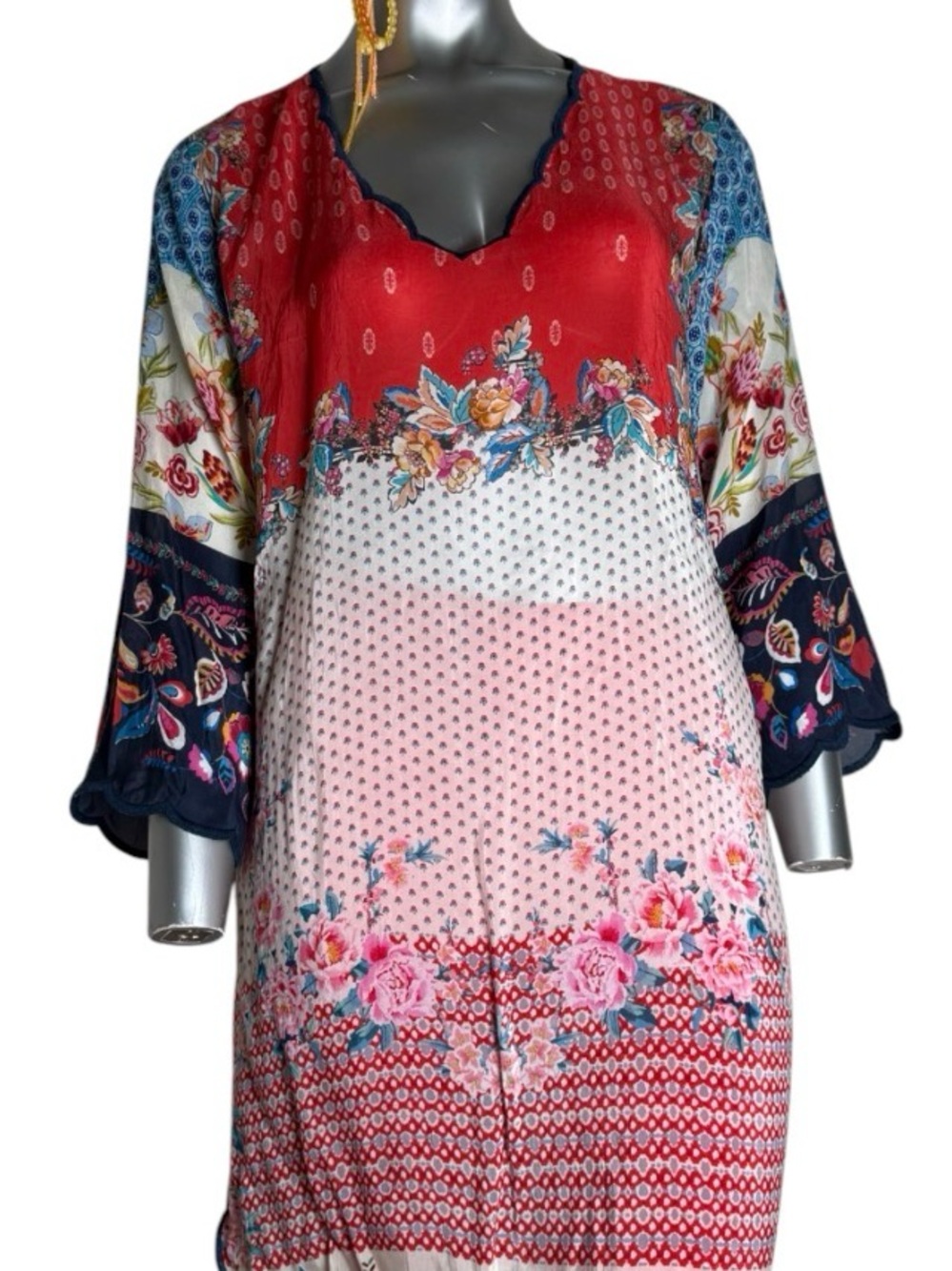 Johnny Was Red & Pink Floral Border Tunic Dress - Picture 2 of 12